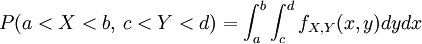 \ P(a<X<b,\,c<Y<d) = \int_{a}^{b}\int_{c}^{d}f_{X,Y}(x,y) dydx