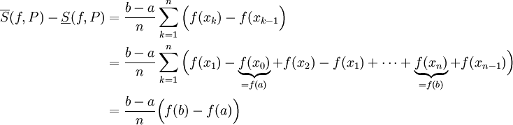 \begin{align}\overline S(f,P)-\underline S(f,P)&=\frac{b-a}n\sum_{k=1}^n\Big(f(x_k)-f(x_{k-1}\Big)\\&=\frac{b-a}n\sum_{k=1}^n\Big(f(x_1)-\underbrace{f(x_0)}_{=f(a)}+f(x_2)-f(x_1)+\dots+\underbrace{f(x_n)}_{=f(b)}+f(x_{n-1})\Big)\\&=\frac{b-a}n\Big(f(b)-f(a)\Big)\end{align}