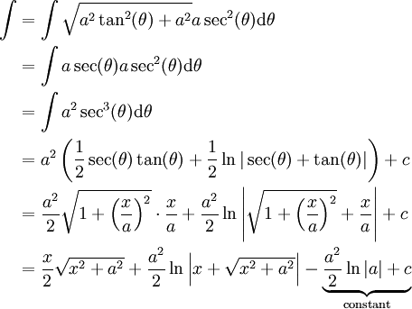 \begin{align}\int&=\int\sqrt{a^2\tan^2(\theta)+a^2}a\sec^2(\theta)\mathrm d\theta\\&=\int a\sec(\theta)a\sec^2(\theta)\mathrm d\theta\\&=\int a^2\sec^3(\theta)\mathrm d\theta\\&=a^2\left(\frac12\sec(\theta)\tan(\theta)+\frac12\ln|\sec(\theta)+\tan(\theta)|\right)+c\\&=\frac{a^2}2\sqrt{1+\left(\frac xa\right)^2}\cdot\frac xa+\frac{a^2}2\ln\left|\sqrt{1+\left(\frac xa\right)^2}+\frac xa\right|+c\\&=\frac x2\sqrt{x^2+a^2}+\frac{a^2}2\ln\left|x+\sqrt{x^2+a^2}\right|-\underbrace{\frac{a^2}2\ln|a|+c}_\text{constant}\end{align}