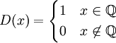 D(x)=\begin{cases}1&x\in\mathbb Q\\0&x\not\in\mathbb Q\end{cases}
