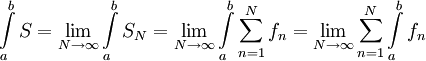 \int\limits_a^b S=\lim_{N\to\infty}\int\limits_a^b S_N=\lim_{N\to\infty}\int\limits_a^b\sum_{n=1}^N f_n=\lim_{N\to\infty}\sum_{n=1}^N\int\limits_a^b f_n