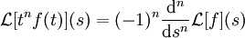 \mathcal L\!\left[t^n f(t)\right]\!(s)=(-1)^n\frac{\mathrm d^n}{\mathrm ds^n}\mathcal L[f](s)