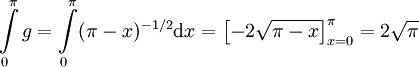 \int\limits_0^\pi g=\int\limits_0^\pi(\pi-x)^{-1/2}\mathrm dx=\left[-2\sqrt{\pi-x}\right]_{x=0}^\pi=2\sqrt\pi