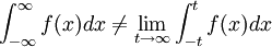 \int_{-\infty}^{\infty} f(x)dx \ne \lim_{t \rightarrow \infty} \int_{-t}^{t} f(x)dx