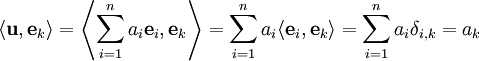 \langle\mathbf u,\mathbf e_k\rangle=\left\langle\sum_{i=1}^n a_i\mathbf e_i,\mathbf e_k\right\rangle=\sum_{i=1}^n a_i\langle\mathbf e_i,\mathbf e_k\rangle=\sum_{i=1}^n a_i\delta_{i,k}=a_k