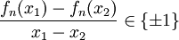 \frac{f_n(x_1)-f_n(x_2)}{x_1-x_2}\in\{\pm1\}