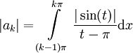|a_k|=\int\limits_{(k-1)\pi}^{k\pi}\frac{|\sin(t)|}{t-\pi}\mathrm dx