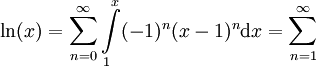 \ln(x)=\sum_{n=0}^\infty\int\limits_1^x(-1)^n(x-1)^n\mathrm dx=\sum_{n=1}^\infty