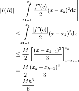 \begin{align}|I(R)|&=\left|\int\limits_{x_{k-1}}^{x_k} \frac{f''(c)}2 (x-x_k)^2\mathrm dx\right|\\&\le\int\limits_{x_{k-1}}^{x_k} \frac{|f''(c)|}2 (x-x_k)^2\mathrm dx\\&\le\frac M2\left[\frac{(x-x_{k-1})^3}3\right]_{x=x_{x-1}}^{x_k}\\&=\frac M2\frac{(x_k-x_{k-1})^3}3\\&=\frac {Mh^3}6\end{align}