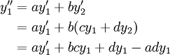 \begin{align}y_1''&=a y_1'+b y_2'\\&=a y_1'+b(c y_1+d y_2)\\&=a y_1'+b c y_1+d y_1-a d y_1\end{align}