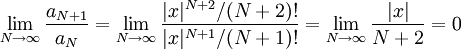 \lim_{N\to\infty}\frac{a_{N+1}}{a_N}=\lim_{N\to\infty}\frac{|x|^{N+2}/(N+2)!}{|x|^{N+1}/(N+1)!}=\lim_{N\to\infty}\frac{|x|}{N+2}=0