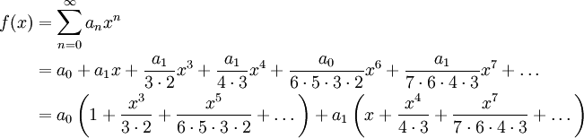 \begin{align}f(x)&=\sum_{n=0}^\infty a_nx^n\\&=a_0+a_1x+\frac{a_1}{3\cdot2}x^3+\frac{a_1}{4\cdot3}x^4+\frac{a_0}{6\cdot5\cdot3\cdot2}x^6+\frac{a_1}{7\cdot6\cdot4\cdot3}x^7+\dots\\&=a_0\left(1+\frac{x^3}{3\cdot2}+\frac{x^5}{6\cdot5\cdot3\cdot2}+\dots\right)+a_1\left(x+\frac{x^4}{4\cdot3}+\frac{x^7}{7\cdot6\cdot4\cdot3}+\dots\right)\end{align}