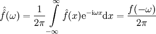 \hat\hat f(\omega)=\frac1{2\pi}\int\limits_{-\infty}^\infty\hat f(x)\mathrm e^{-\mathrm i\omega x}\mathrm dx=\frac{f(-\omega)}{2\pi}