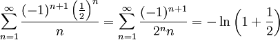 \sum_{n=1}^\infty\frac{(-1)^{n+1}\left(\frac12\right)^n}n=\sum_{n=1}^\infty\frac{(-1)^{n+1}}{2^nn}=-\ln\left(1+\frac12\right)