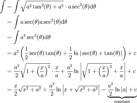 \begin{align}\int&=\int\sqrt{a^2\tan^2(\theta)+a^2}\cdot a\sec^2(\theta)\mathrm d\theta\\&=\int a\sec(\theta)a\sec^2(\theta)\mathrm d\theta\\&=\int a^2\sec^3(\theta)\mathrm d\theta\\&=a^2\left(\frac12\sec(\theta)\tan(\theta)+\frac12\ln|\sec(\theta)+\tan(\theta)|\right)+c\\&=\frac{a^2}2\sqrt{1+\left(\frac xa\right)^2}\cdot\frac xa+\frac{a^2}2\ln\left|\sqrt{1+\left(\frac xa\right)^2}+\frac xa\right|+c\\&=\frac x2\sqrt{x^2+a^2}+\frac{a^2}2\ln\left|x+\sqrt{x^2+a^2}\right|-\underbrace{\frac{a^2}2\ln|a|+c}_\text{constant}\end{align}