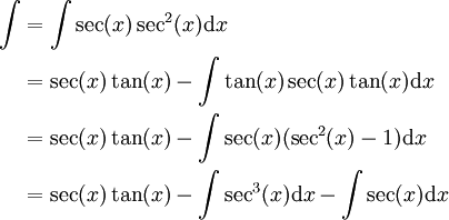 \begin{align}\int&=\int\sec(x)\sec^2(x)\mathrm dx\\&=\sec(x)\tan(x)-\int\tan(x)\sec(x)\tan(x)\mathrm dx\\&=\sec(x)\tan(x)-\int\sec(x)(\sec^2(x)-1)\mathrm dx\\&=\sec(x)\tan(x)-\int\sec^3(x)\mathrm dx-\int\sec(x)\mathrm dx\end{align}