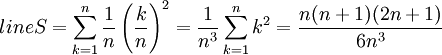 






line S=\sum_{k=1}^n\frac1n\left({k\over n}\right)^2=\frac1{n^3}\sum_{k=1}^nk^2=\frac{n(n+1)(2n+1)}{6n^3}