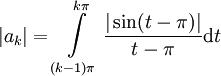 |a_k|=\int\limits_{(k-1)\pi}^{k\pi}\frac{|\sin(t-\pi)|}{t-\pi}\mathrm dt