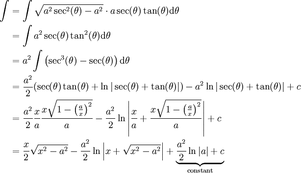 \begin{align}\int&=\int\sqrt{a^2\sec^2(\theta)-a^2}\cdot a\sec(\theta)\tan(\theta)\mathrm d\theta\\&=\int a^2\sec(\theta)\tan^2(\theta)\mathrm d\theta\\&=a^2\int \left(\sec^3(\theta)-\sec(\theta)\right)\mathrm d\theta\\&=\frac{a^2}2(\sec(\theta)\tan(\theta)+\ln|\sec(\theta)+\tan(\theta)|)-a^2\ln|\sec(\theta)+\tan(\theta)|+c\\&=\frac{a^2}2\frac xa\frac{x\sqrt{1-\left(\frac ax\right)^2}}a-\frac{a^2}2\ln\left|\frac xa+\frac{x\sqrt{1-\left(\frac ax\right)^2}}a\right|+c\\&=\frac x2\sqrt{x^2-a^2}-\frac{a^2}2\ln\left|x+\sqrt{x^2-a^2}\right|+\underbrace{\frac{a^2}2\ln|a|+c}_\text{constant}\end{align}