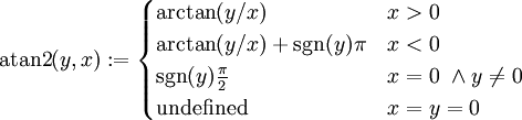 \mbox{atan2}(y,x):=\begin{cases}\arctan(y/x)&x>0\\\arctan(y/x)+\sgn(y)\pi&x<0\\\sgn(y)\frac\pi2&x=0\ \and y\ne0\\\text{undefined}&x=y=0\end{cases}