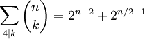 \sum_{4\mid k}\binom nk=2^{n-2}+2^{n/2-1}