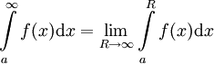 \int\limits_a^\infty f(x)\mathrm dx=\lim_{R\to\infty}\int\limits_a^R f(x)\mathrm dx