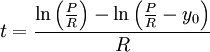 t=\frac{\ln\left(\frac PR\right)-\ln\left(\frac PR-y_0\right)}R