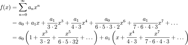 \begin{align}f(x)&=\sum_{n=0}^\infty a_nx^n\\&=a_0+a_1x+\frac{a_1}{3\cdot2}x^3+\frac{a_1}{4\cdot3}x^4+\frac{a_0}{6\cdot5\cdot3\cdot2}x^6+\frac{a_1}{7\cdot6\cdot4\cdot3}x^7+\dots\\&=a_0\left(1+\frac{x^3}{3\cdot2}+\frac{x^5}{6\cdot5\cdot3\dot2}+\dots\right)+a_1\left(x+\frac{x^4}{4\cdot3}+\frac{x^7}{7\cdot6\cdot4\cdot3}+\dots\right)\end{align}