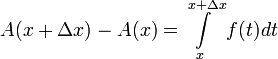 A(x+\Delta x)-A(x)=\displaystyle\int\limits_x^{x+\Delta x} f(t)dt