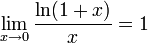 \lim_{x\to 0}\frac{\ln(1+x)}{x}=1