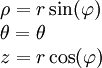 \begin{array}{l} \rho=r\sin(\varphi)\\\theta=\theta\\z=r\cos(\varphi)\end{array}