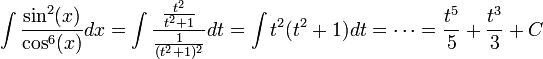 \int\frac{\sin^2(x)}{\cos^6(x)}dx=\int\frac{\frac{t^2}{t^2+1}}{\frac{1}{(t^2+1)^2}}dt=\int t^2(t^2+1)dt=\cdots=\frac{t^5}{5}+\frac{t^3}{3}+C