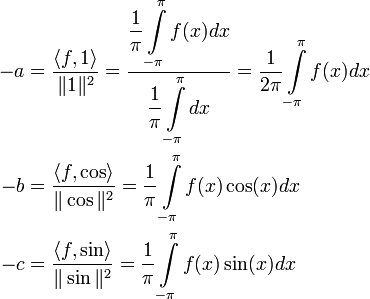 \begin{align}-a&=\frac{\langle f,1\rangle}{\|1\|^2}=\dfrac{\displaystyle\dfrac{1}{\pi}\int\limits_{-\pi}^\pi f(x)dx}{\displaystyle\dfrac{1}{\pi}\int\limits_{-\pi}^\pi dx}=\frac{1}{2\pi}\int\limits_{-\pi}^\pi f(x)dx\\-b&=\frac{\langle f,\cos\rangle}{\|\cos\|^2}=\frac{1}{\pi}\int\limits_{-\pi}^\pi f(x)\cos(x)dx\\-c&=\frac{\langle f,\sin\rangle}{\|\sin\|^2}=\frac{1}{\pi}\int\limits_{-\pi}^\pi f(x)\sin(x)dx\end{align}