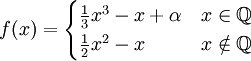 f(x)=\begin{cases} \frac{1}{3}x^3-x+\alpha&x\in\mathbb{Q}\\\frac{1}{2}x^2-x&x\notin\mathbb{Q}\end{cases}