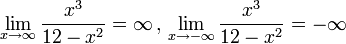 \lim\limits_{x\to\infty}\frac{x^3}{12-x^2}=\infty\,,\,\lim\limits_{x\to-\infty}\frac{x^3}{12-x^2}=-\infty