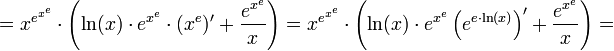 =x^{e^{x^e}}\cdot\left(\ln(x)\cdot e^{x^e}\cdot (x^e)'+\frac{e^{x^e}}{x}\right)=
x^{e^{x^e}}\cdot\left(\ln(x)\cdot e^{x^e}\left(e^{e\cdot\ln(x)}\right)'+\frac{e^{x^e}}{x}\right)=