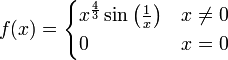 f(x)=\begin{cases}x^{\frac43}\sin\left(\tfrac1x\right)&x\ne0\\0&x=0\end{cases}