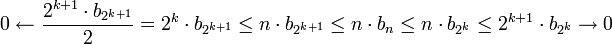 0\leftarrow\dfrac{2^{k+1}\cdot b_{2^{k+1}}}{2}=2^k\cdot b_{2^{k+1}}\le n\cdot b_{2^{k+1}}\le n\cdot b_n\le n\cdot b_{2^k}\le2^{k+1}\cdot b_{2^k}\to0