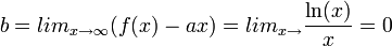 b=lim_{x\to\infty}(f(x)-ax)=lim_{x\to}\frac{\ln(x)}{x}=0