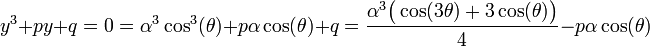 y^3+py+q=0=\alpha^3\cos^3(\theta)+p\alpha\cos(\theta)+q=\frac{\alpha^3\bigl(\cos(3\theta)+3\cos(\theta)\bigr)}{4}-p\alpha\cos(\theta)