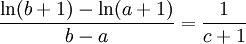\frac{\ln(b+1)-\ln(a+1)}{b-a}=\frac{1}{c+1}