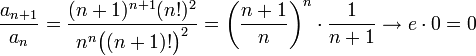 \dfrac{a_{n+1}}{a_n}=\dfrac{(n+1)^{n+1}(n!)^2}{n^n\big((n+1)!\big)^2}=\left(\dfrac{n+1}{n}\right)^n\cdot\dfrac1{n+1}\to e\cdot0=0