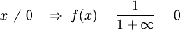 x\ne0\implies f(x)=\frac1{1+\infty}=0