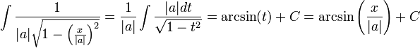\int{\frac1{|a|\sqrt{1-\left(\frac{x}{|a|}\right)^2}}}=\frac1{|a|}\int{\frac{|a|dt}{\sqrt{1-t^2}}}=\arcsin(t)+C=\arcsin\left(\frac{x}{|a|}\right)+C