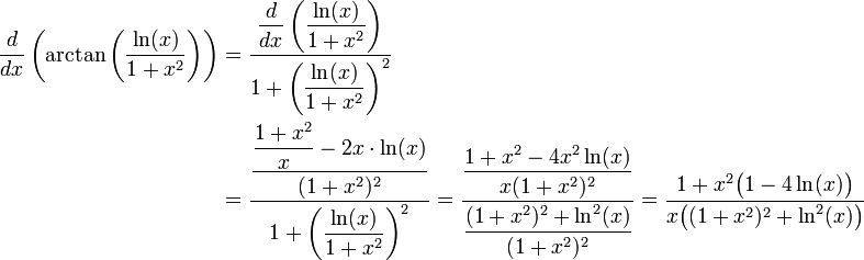 \begin{align}\frac{d}{dx}\left(\arctan\left(\frac{\ln(x)}{1+x^2}\right)\right)&=\dfrac{\dfrac{d}{dx}\left(\dfrac{\ln(x)}{1+x^2}\right)}{1+\left(\dfrac{\ln(x)}{1+x^2}\right)^2}\\&=\dfrac{\dfrac{\dfrac{1+x^2}{x}-2x\cdot\ln(x)}{(1+x^2)^2}}{1+\left(\dfrac{\ln(x)}{1+x^2}\right)^2}=\dfrac{\dfrac{1+x^2-4x^2\ln(x)}{x(1+x^2)^2}}{\dfrac{(1+x^2)^2+\ln^2(x)}{(1+x^2)^2}}=\frac{1+x^2\big(1-4\ln(x)\big)}{x\big((1+x^2)^2+\ln^2(x)\big)}\end{align}