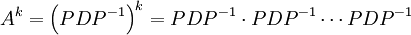 A^k=\Big(PDP^{-1}\Big)^k = PDP^{-1}\cdot PDP^{-1} \cdots PDP^{-1}