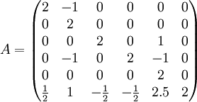 A=\begin{pmatrix}
2 & -1 & 0 & 0 & 0 & 0 \\
0 & 2 & 0 & 0 & 0 & 0 \\
0 & 0 & 2 & 0 & 1 & 0 \\
0 & -1 & 0 & 2 & -1 & 0 \\
0 & 0 & 0 & 0 & 2 & 0 \\
\frac{1}{2} & 1 & -\frac{1}{2} & -\frac{1}{2} & 2.5 & 2 \\

\end{pmatrix}