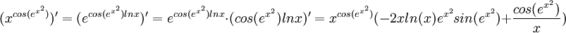 (x^{cos(e^{x^2})})'=(e^{cos(e^{x^2})lnx})'=e^{cos(e^{x^2})lnx}\cdot (cos(e^{x^2})lnx)'=x^{cos(e^{x^2})}(-2xln(x)e^{x^2}sin(e^{x^2})+\frac{cos(e^{x^2})}{x})