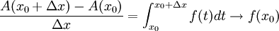 \frac{A(x_{0}+\Delta x)-A(x_{0})}{\Delta x}=\int_{x_{0}}^{x_{0}+\Delta x}f(t)dt \to f(x_{0})