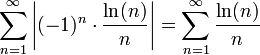 \displaystyle\sum\limits_{n=1}^\infty\left|(-1)^n\cdot\dfrac{\ln(n)}{n}\right|=\displaystyle\sum\limits_{n=1}^\infty\dfrac{\ln(n)}{n}